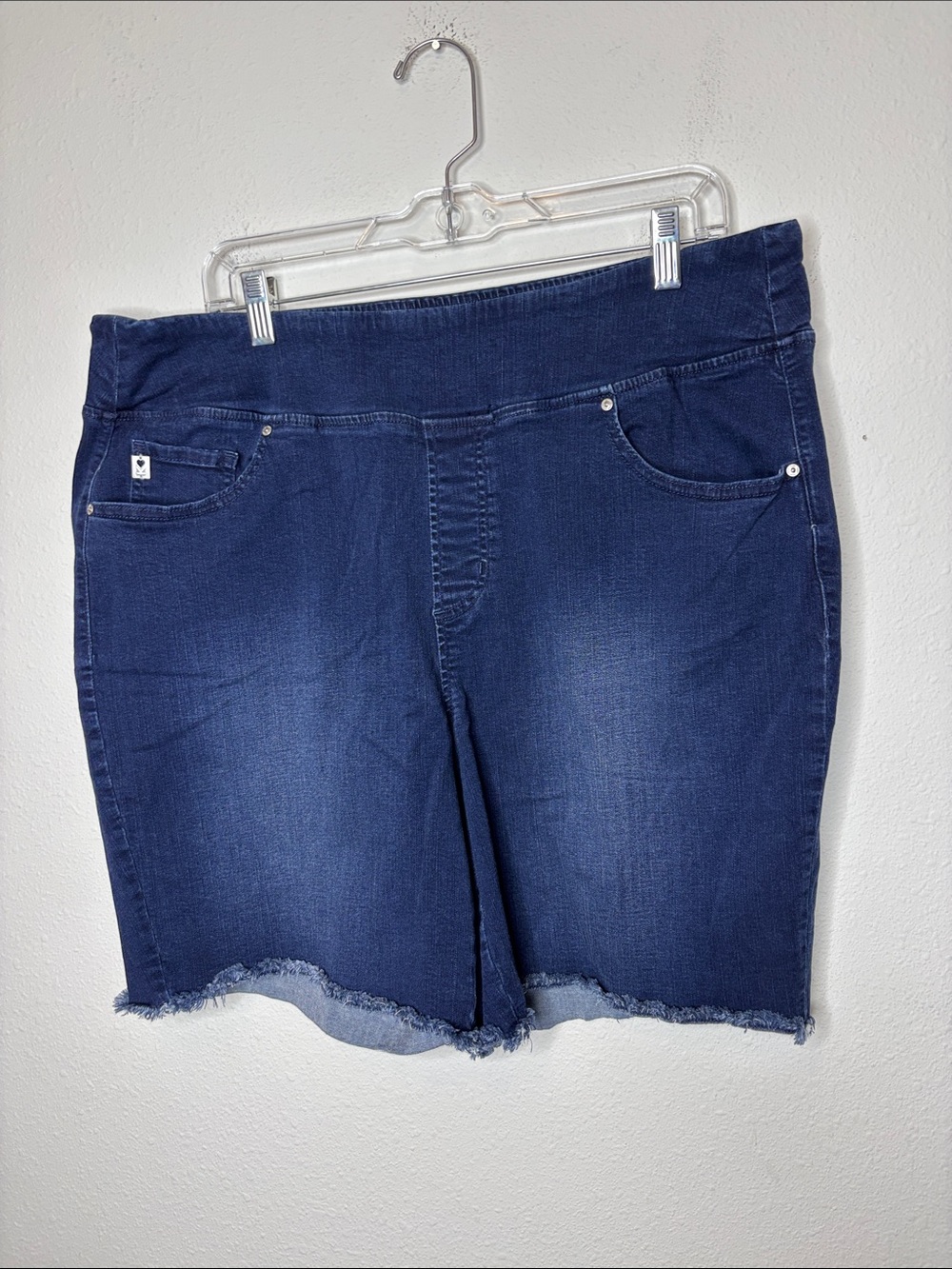 Belle by Kim Gravel Dark Blue Denim Frayed Hem Bermuda Shorts